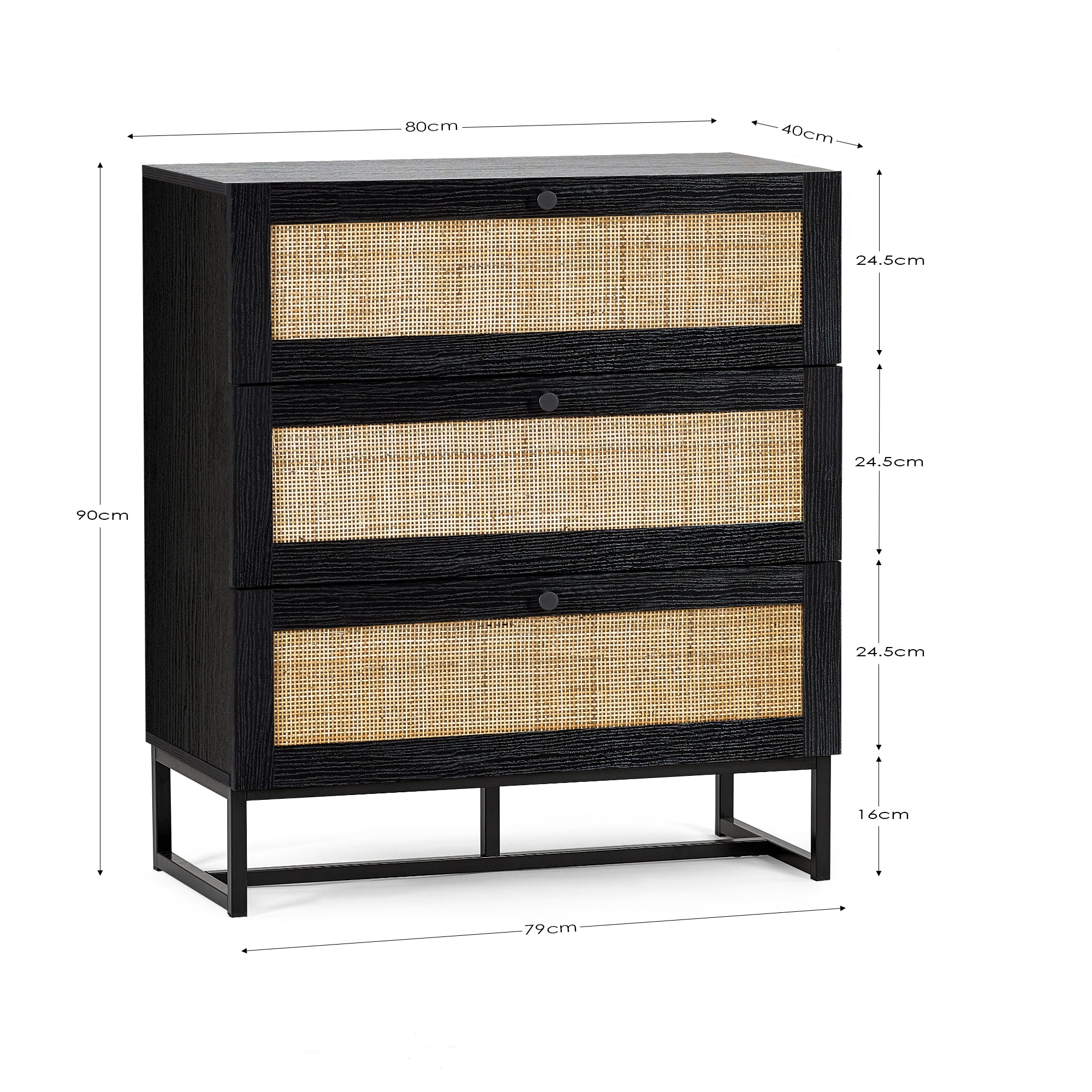Clermont Black Oak Wood & Rattan Chest of Drawers | 3 Drawers